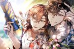  2boys blue_sky bottle brown_eyes brown_hair bungou_stray_dogs day dazai_osamu_(bungou_stray_dogs) drinking_straw eyewear_on_head flower hair_between_eyes hand_up hawaiian_shirt highres looking_at_viewer male_focus multiple_boys nakahara_chuuya outdoors shirt shunnyun silver_eyes sky sunlight super_soaker underwear wet 