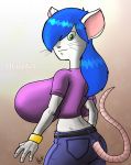  big_breasts bottomwear bracelet breasts clothing female hair huge_breasts jaeh jewelry mammal mouse murid murine pants ring rodent shirt solo topwear 