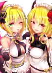  2girls ;p absurdres bangs black_gloves blonde_hair breast_press breasts choker cleavage cleavage_cutout clenched_hands commentary dress emilio_(tetsukazu_no_ao) eyebrows_visible_through_hair finger_to_mouth flower frilled_choker frills gloves green_eyes hair_flower hair_ornament half-closed_eyes highres idol idolmaster idolmaster_cinderella_girls kurosaki_chitose long_hair looking_at_viewer maid_headdress miyamoto_frederica multiple_girls one_eye_closed short_hair simple_background sleeveless sleeveless_dress sparkle standing symmetrical_docking tongue tongue_out underbust white_background white_choker white_dress 