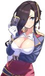  1girl ark_royal_(azur_lane) azur_lane black_hair blue_eyes breast_hold breasts camera cleavage commentary_request eyes_visible_through_hair gloves hair_over_one_eye hori_(hori_no_su) large_breasts long_sleeves simple_background solo upper_body white_background white_gloves 