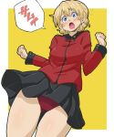  1girl aono3 ass_visible_through_thighs bangs black_skirt blonde_hair blue_eyes blush braid catchphrase clenched_hands commentary darjeeling dutch_angle epaulettes flying_sweatdrops frown girls_und_panzer head_tilt highres jacket long_sleeves looking_at_viewer military military_uniform miniskirt open_mouth outside_border panties pantyshot pantyshot_(standing) pleated_skirt red_jacket red_panties short_hair skirt solo st._gloriana&#039;s_military_uniform standing tied_hair translation_request twin_braids underwear uniform w_arms yellow_background 