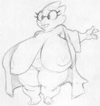  alphys anthro areola belly big_breasts breasts buckteeth clothing coat eyewear female glasses huge_breasts hyper hyper_breasts lab_coat low_res mostly_nude navel nipples non-mammal_breasts overweight overweight_female pussy reptile sbshouseofpancakes scalie short_stack solo teeth thick_tail thick_thighs topwear undertale video_games wide_hips 