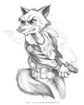  2016 anthro canid canine cheek_tuft claws clothed clothing disney facial_tuft fox fully_clothed fur head_tuft holding_gun holding_object holding_weapon jacket karafactory mammal nick_wilde red_fox simple_background sketch smoke solo teeth topwear tuft weapon white_background zootopia 