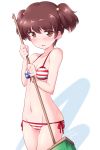  1girl alisa_(girls_und_panzer) alternate_hair_ornament american_flag american_flag_bikini bangs bikini blush breasts broom brown_eyes brown_hair cleavage commentary cowboy_shot dated eyebrows_visible_through_hair flag_print freckles front-tie_bikini front-tie_top frown girls_und_panzer groin hair_bobbles hair_ornament highres holding holding_broom kuzuryuu_kennosuke looking_at_viewer lowleg lowleg_bikini navel open_mouth print_bikini short_hair short_twintails side-tie_bikini simple_background small_breasts solo standing swimsuit tearing_up twintails twitter_username white_background 