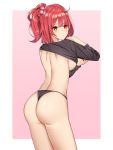  1girl ass back bare_back black_nails black_panties black_shirt blush breasts eyebrows_visible_through_hair from_behind girls_frontline hair_bobbles hair_ornament highres large_breasts long_sleeves looking_at_viewer looking_back medium_hair mp7_(girls_frontline) no_pants panties pink_background ponytail red_hair shirt shirt_lift sideboob solo thong underwear undressing vvy yellow_eyes 