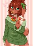  2019 5_fingers accessory anthro bell blue_eyes brown_hair canid canine canis clothing coffeechicken cookie domestic_dog female fingers food food_in_mouth hair hair_accessory hairclip holding_food holding_object holly_(plant) kess_(coffeechicken) looking_at_viewer mammal plant short_hair smile solo sweater topwear 