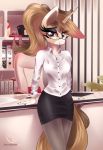  2019 absurd_res anthro clothed clothing detailed_background english_text equid eyelashes eyeshadow eyewear fan_character female glasses grin hi_res horn inside looking_at_viewer makeup mammal my_little_pony nevobaster smile solo text unicorn 