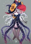  1girl abigail_williams_(fate/grand_order) atory_totory bangs black_bow black_panties black_skin bow cropped_legs cthulhu_mythos fate/grand_order fate_(series) flower grey_background hat hat_flower highres key long_hair orange_bow outstretched_hand pale_skin panties parted_bangs pink_eyes solo tentacles thigh_gap third_eye underwear white_hair white_skin 