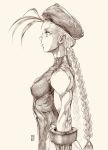  1girl 2019 antenna_hair braid breasts cammy_white commentary david_liu elbow_gloves english_commentary forehead freckles from_side gloves graphite_(medium) highleg highleg_leotard highres leotard lips long_hair muscle muscular_female nose signature sketch skin_tight sleeveless small_breasts solo street_fighter street_fighter_ii_(series) toned traditional_media twin_braids very_long_hair 