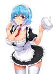  1girl ;) alternate_costume apron bangs black_dress blue_hair blush breasts cleavage commentary_request cowboy_shot detached_collar dress enmaided eyebrows_visible_through_hair finger_to_cheek frilled_apron frills hands_up highres holding holding_teapot index_finger_raised large_breasts looking_at_viewer maid maid_apron maid_headdress necktie one_eye_closed petticoat puffy_short_sleeves puffy_sleeves red_eyes red_neckwear short_dress short_hair short_sleeves simple_background skindentation smile solo standing tatara_kogasa teapot thighhighs thighs tokoya_(ex-hetare) touhou white_apron white_background white_legwear zettai_ryouiki 