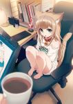  1girl 40hara :o animal_ear_fluff animal_ears aqua_eyes bangs barefoot blonde_hair book cat_ears cat_tail chair clothes_writing collar commentary_request cup eyebrows_visible_through_hair highres holding holding_cup indoors keyboard_(computer) kinako long_hair looking_at_viewer mouse_(computer) office_chair open_mouth original pov pov_hands print_shirt shirt sitting solo_focus t-shirt tail white_shirt 