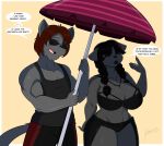  big_breasts bodily_fluids braided_hair breasts canid canine canis clothing dialogue domestic_cat eyewear felid feline felis female hair huge_breasts jwinkz male mammal sunglasses sweat swimwear umbrella wolf 