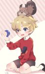  1boy blonde_hair blue_eyes blush full_body hair_between_eyes highres inaba_shounosuke open_mouth pokemon pokemon_(game) pokemon_swsh pokemon_xy print_sweater shorts skwovet smile sweater youngster_(pokemon) 