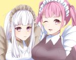  2girls ayase_aya closed_mouth fire_emblem fire_emblem:_three_houses hilda_valentine_goneril long_hair lysithea_von_ordelia maid maid_headdress multiple_girls one_eye_closed open_mouth pink_eyes pink_hair simple_background twintails upper_body white_hair yellow_background 