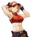  1girl abs absurdres armpits belt black_gloves blonde_hair blue_mary breasts brown_belt brown_eyes fatal_fury fingerless_gloves gloves hat highres large_breasts looking_at_viewer midriff navel red_headwear short_hair simple_background smile solo sookmo the_king_of_fighters white_background 
