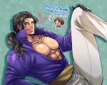  2boys blue_eyes hand_on_own_knee heart highres looking_at_viewer male_focus miru_(mill_36) multiple_boys open_clothes open_shirt ponytail robert_garcia ryuuko_no_ken sash sie_kensou the_king_of_fighters translation_request 