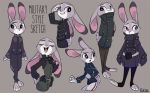  ambiguous_gender anthro barefoot cheek_tuft clothed clothing dipstick_ears disney ears_down english_text facial_tuft fully_clothed fur gesture grey_background grey_body grey_fur grin judy_hopps lagomorph leporid mammal military_uniform multicolored_ears multiple_poses pink_nose pivoted_ears pose purple_eyes rabbit rikuta_tp salute simple_background smile solo standing text tuft uniform zootopia 