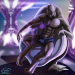  alien armor bottomwear building chair claws clothed clothing digital_media_(artwork) furniture halo halo_(series) headgear helmet inside looking_at_viewer male microsoft muddytiger muscular muscular_male open_mouth pants sangheili scalie topless video_games xbox_game_studios 