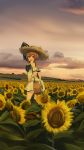  1girl bangs blush bow bracelet brown_hair cloud dress field flower flower_field hat hat_flower highres jewelry kantai_collection kuroinu9 open_mouth outdoors short_hair sky solo speaking_tube_headset standing straw_hat sundress sunflower white_dress yukikaze_(kantai_collection) 