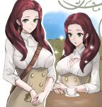  1girl absurdres breasts brown_hair cleavage closed_mouth cup dorothea_arnault earrings fire_emblem fire_emblem:_three_houses garreg_mach_monastery_uniform green_eyes highres jewelry long_hair multiple_views open_mouth smile table teacup the_kingduke uniform 