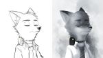  anthro black_nose canid canine cheek_tuft clothed clothing collar dipstick_ears disney facial_tuft fluffy fox green_eyes head_tuft inner_ear_fluff mammal multicolored_ears neck_tuft necktie nick_wilde red_fox shirt shock_collar simple_background sketch solo topwear tuft unichrome-uni white_background zootopia 
