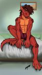 2019 5_fingers anthro bed bed_sheet bedding bulge claws clothing detailed_background digital_media_(artwork) dragon fingers furniture hair hi_res horn horned_beard looking_at_viewer male muscular nude on_bed orange_body orange_scales painting paws red_body red_scales scales scalie seductive sitting smile solo teeth toes underwear yellow_eyes zeym 