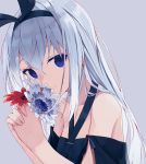  1girl bare_shoulders black_dress black_ribbon blue_flower closed_mouth commentary dress flower grey_background hair_ribbon holding holding_flower long_hair looking_at_viewer nagishiro_mito off-shoulder_dress off_shoulder original purple_eyes red_flower ribbon silver_hair simple_background smile solo upper_body 