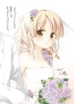  1boy 1girl ashihara_himari bare_shoulders blonde_hair blush bouquet breasts bridal_veil bride cleavage commentary_request dated dress drill_hair eyebrows_visible_through_hair flower flower_request formal groom hair_flower hair_ornament haji-otsu. hetero ivy locked_arms long_hair looking_at_another official_art out_of_frame pearl_earrings pink_flower pink_rose purple_flower purple_rose rose sideways_glance signature sleeveless sleeveless_dress smile suit thank_you translation_request unohana_tsukasa upper_body veil wedding wedding_dress white_dress white_suit yellow_eyes 