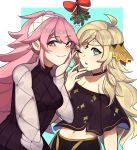  2girls alternate_costume blonde_hair bow choker closed_mouth fire_emblem fire_emblem_fates hairband lazymimium long_hair long_sleeves multiple_girls one_eye_closed open_mouth ophelia_(fire_emblem) pink_eyes pink_hair red_bow simple_background smile soleil_(fire_emblem) twitter_username white_hairband 