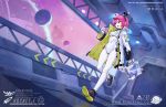  1girl fogriver hair_ornament jacket open_mouth original pink_hair planet purple_eyes satellite shoes sneakers suit_jacket tail 