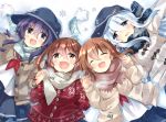  4girls akatsuki_(kantai_collection) beige_cardigan black_legwear blue_eyes brown_cardigan brown_eyes brown_hair cardigan closed_eyes commentary_request fang folded_ponytail hair_between_eyes hibiki_(kantai_collection) highres hizuki_yayoi ikazuchi_(kantai_collection) inazuma_(kantai_collection) kantai_collection long_hair looking_at_viewer lying multiple_girls plaid plaid_scarf purple_eyes purple_hair red_neckwear red_sweater scarf school_uniform serafuku short_hair silver_hair skin_fang smile snowflake_print sweater upper_body 