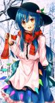  1girl apron bangs black_headwear blue_hair blue_skirt brown_eyes dress food frills fruit fuussu_(21-kazin) hat highres hinanawi_tenshi leaf long_hair long_sleeves looking_at_viewer open_mouth peach rainbow_gradient scarf scarf_grab shirt skirt smile snow touhou tree white_shirt winter 