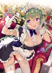  1girl blush breasts dress flower frills gloves green_hair harunoibuki long_hair maid maid_dress maid_headdress original panties panty_pull phone purple_eyes self_shot smile solo thighhighs underwear white_gloves white_legwear white_panties wrist_cuffs 