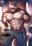  abs absurd_res anthro beverage biceps big_muscles black_nose blue_eyes bottomwear brown_body brown_fur brown_hair clothing coffee detailed_background fur hair hi_res liquid male mammal muscular muscular_male nipples open_mouth pants pecs physen teeth tongue white_body white_fur yawn 