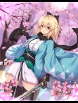  1girl absurdres ahoge bangs black_bow black_scarf blonde_hair blush bow breasts commentary_request eyebrows_visible_through_hair fate/grand_order fate_(series) hair_between_eyes hair_bow highres japanese_clothes kewcut99 kimono looking_at_viewer okita_souji_(fate) okita_souji_(fate)_(all) scarf short_hair smile solo sword thighhighs weapon yellow_eyes 
