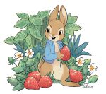  ambiguous_gender anthro barefoot bottomless brown_body brown_eyes brown_fur buckteeth clothed clothing flower food fruit fur holding_food holding_object lagomorph leporid mammal open_mouth open_smile peter_rabbit plant rabbit rikuta_tp semi-anthro shirt simple_background smile solo standing strawberry teeth topwear white_background 