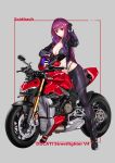  1girl absurdres arm_up bangs bikini bikini_under_clothes black_bikini black_footwear black_gloves black_jacket black_pants boots breasts cleavage closed_mouth ducati ducati_streetfighter_v4 eyebrows_visible_through_hair fate/grand_order fate_(series) full_body gloves ground_vehicle hand_in_hair headwear_removed helmet helmet_removed highres jacket kai_(pixiv12466647) knee_boots large_breasts legs_apart long_hair long_sleeves looking_at_viewer motor_vehicle motorcycle motorcycle_helmet navel open_clothes open_jacket pants purple_eyes red_eyes scathach_(fate)_(all) scathach_(fate/grand_order) smile solo standing swimsuit thong tight tight_pants vehicle_name very_long_hair 