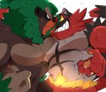  2019 anthro ape black_body green_hair hair haplorhine hyaku_(artist) incineroar male mammal muscular muscular_male nintendo pok&eacute;mon pok&eacute;mon_(species) primate rillaboom smile video_games 