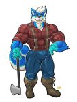  2019 anthro axe big_muscles black_nose blue_body blue_fur boots bottomwear canid canine canis chirros clothed clothing domestic_dog footwear fully_clothed fur green_eyes hair hand_on_hip husky jeans looking_at_viewer lumberjack male mammal melee_weapon multicolored_body multicolored_fur muscular muscular_male nordic_sled_dog pants plaid_shirt shirt simple_background smile solo spitz standing suspenders tight_clothing topwear weapon white_background white_body white_fur white_hair 