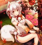  1girl alternate_costume animal_ears autumn_leaves bangs barefoot blush breasts china_dress chinese_clothes commentary_request detached_sleeves dress eyebrows_visible_through_hair falling_leaves feet_out_of_frame flower hair_ribbon highres inubashiri_momiji lantern leaf leaf_print looking_at_viewer maple_leaf medium_breasts moneti_(daifuku) multicolored multicolored_clothes multicolored_dress on_floor orange_eyes paper_lantern parted_lips pelvic_curtain pink_flower pom_pom_(clothes) print_dress red_ribbon ribbon short_hair silver_hair sitting solo tail tassel touhou wolf_ears wolf_girl wolf_tail wooden_floor 