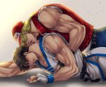  2boys baseball_cap blonde_hair brown_hair fatal_fury fingerless_gloves gloves hat highres jacket kim_kaphwan licking miru_(mill_36) multiple_boys neck_licking ponytail sleeves_rolled_up terry_bogard yaoi 