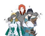 1girl 2boys 9jsleep armor belt black_hair blonde_hair cape closed_mouth covering_another&#039;s_eyes crossed_arms felix_hugo_fraldarius fire_emblem fire_emblem:_three_houses fur_trim green_cape ingrid_brandl_galatea long_sleeves multiple_boys parted_lips red_hair sheath sheathed short_hair simple_background sword sylvain_jose_gautier upper_body weapon white_background 