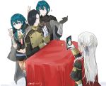  1boy 2girls armor black_cape black_gloves black_shorts blue_eyes blue_hair byleth_(fire_emblem) byleth_(fire_emblem)_(female) byleth_(fire_emblem)_(male) cape cardboard_cutout cellphone edelgard_von_hresvelg fire_emblem fire_emblem:_three_houses from_behind garreg_mach_monastery_uniform gloves hair_ribbon holding holding_phone hubert_von_vestra long_hair long_sleeves multiple_girls pantyhose phone red_cape ribbon robaco short_hair short_shorts shorts simple_background smartphone table twitter_username uniform v white_background white_gloves white_hair 