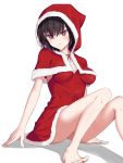  1girl ass bangs bare_legs barefoot black_hair breasts collarbone commentary_request dress elfenlied22 eyebrows_visible_through_hair fate/grand_order fate_(series) fur_trim hat highres medium_breasts ortlinde_(fate/grand_order) red_dress red_headwear santa_dress santa_hat short_hair simple_background valkyrie_(fate/grand_order) white_background 