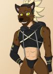  2019 anthro armwear brown_body brown_fur canid canine clothed clothing digital_media_(artwork) erection eyebrows eyewear fur glasses gloves hair handwear hi_res hood humanoid_penis hyaenid klr-rio male mammal penis radi scar simple_background smile solo spotted_hyena standing suspenders underwear 