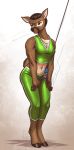  2019 abs absurd_res anthro athletic bottomwear breasts cervid clothing female harness hi_res mammal midriff muscular muscular_female mykegreywolf navel open_mouth pants rope small_breasts solo unguligrade_anthro 