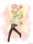  1girl black_footwear blonde_hair boots dress fairy_wings fire_emblem fire_emblem_heroes flower full_body gradient_hair hair_flower hair_ornament hairband highres multicolored_hair open_mouth orange_hair peony_(fire_emblem) pocklepockle25 pointy_ears purple_eyes short_dress sleeveless solo thigh_boots thighhighs twintails twitter_username wings zettai_ryouiki 