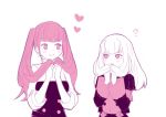  2girls blush_stickers closed_mouth fire_emblem fire_emblem:_three_houses garreg_mach_monastery_uniform heart heart-shaped_pupils hilda_valentine_goneril long_hair long_sleeves lysithea_von_ordelia mamegohan monochrome multiple_girls open_mouth pink_eyes pink_hair simple_background smile symbol-shaped_pupils twintails uniform upper_body white_background white_hair 