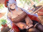  1girl aran_sweater azur_lane bangs bare_shoulders belfast_(azur_lane) belfast_(shopping_with_the_head_maid)_(azur_lane) beret black_legwear black_skirt blush breasts brown_sweater cafe cake cat chair choker cleavage collarbone cup disposable_cup earrings eyebrows_visible_through_hair food garter_straps gtunver hat head_tilt highres hoop_earrings indoors jewelry large_breasts long_hair looking_at_viewer off-shoulder_sweater off_shoulder open_mouth patreon_logo pencil_skirt red_headwear silver_hair sitting skirt smile solo sweater thighhighs very_long_hair window 