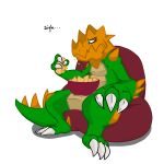  1:1 2018 absurd_res anonymous_artist bean_bag bowl chips_(food) claws dragon druddigon eating food frown green_body green_eyes green_scales hi_res holding_food holding_object nintendo pok&eacute;mon pok&eacute;mon_(species) reptile scales scalie shiny_pok&eacute;mon sighing simple_background sitting solo video_games white_background 